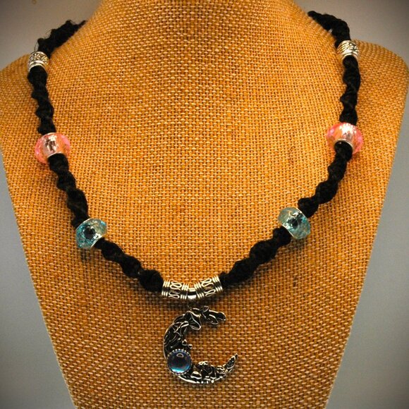 Art Nouveau Celestial Crescent Moon on an 18 1/2" Handmade Black Hemp Necklace - Picture 1 of 5